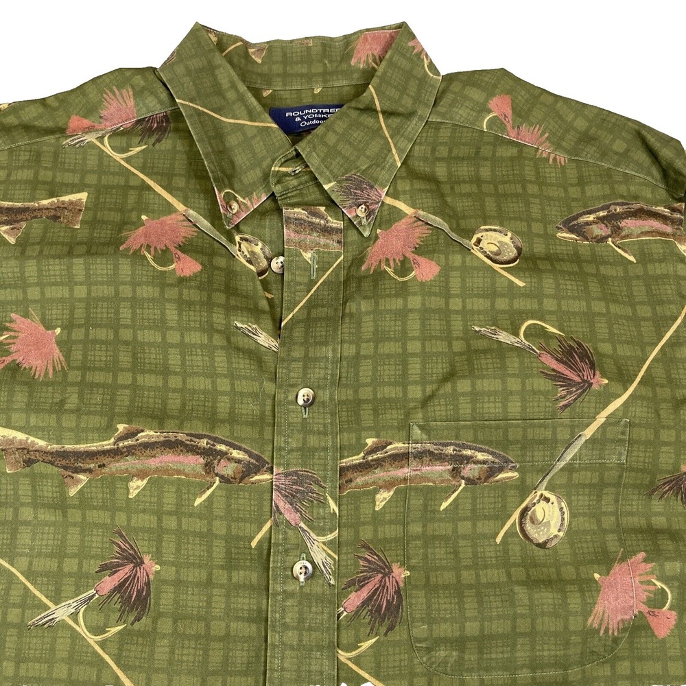 ROUNDTREE & YORKE Shirt Mens Large Olive Green AOP Fly Fishing All Over Print